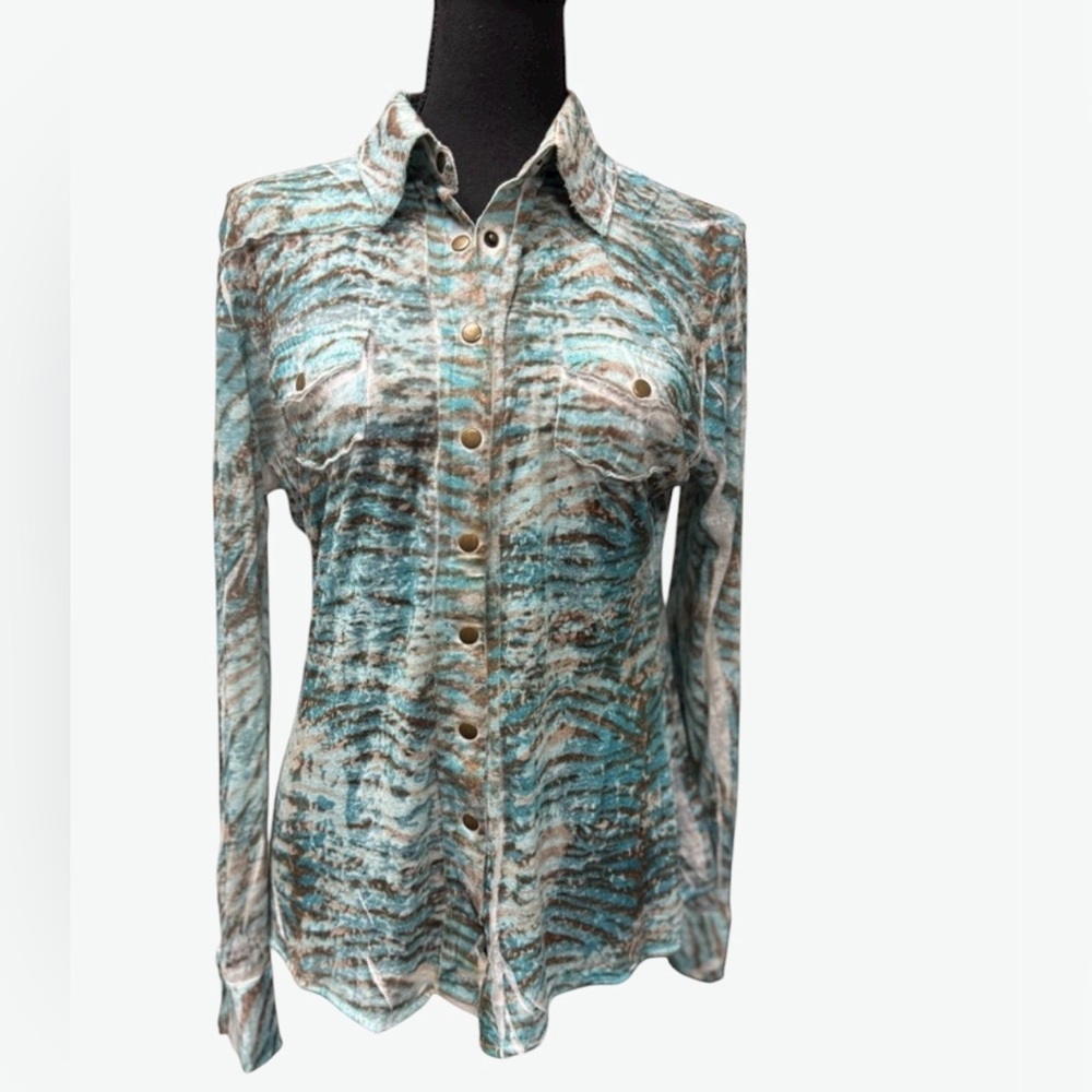 Mechant |Teal| Y2K-Retro Inspired-Animal Print-Snap Front Burnout Blouse S/M